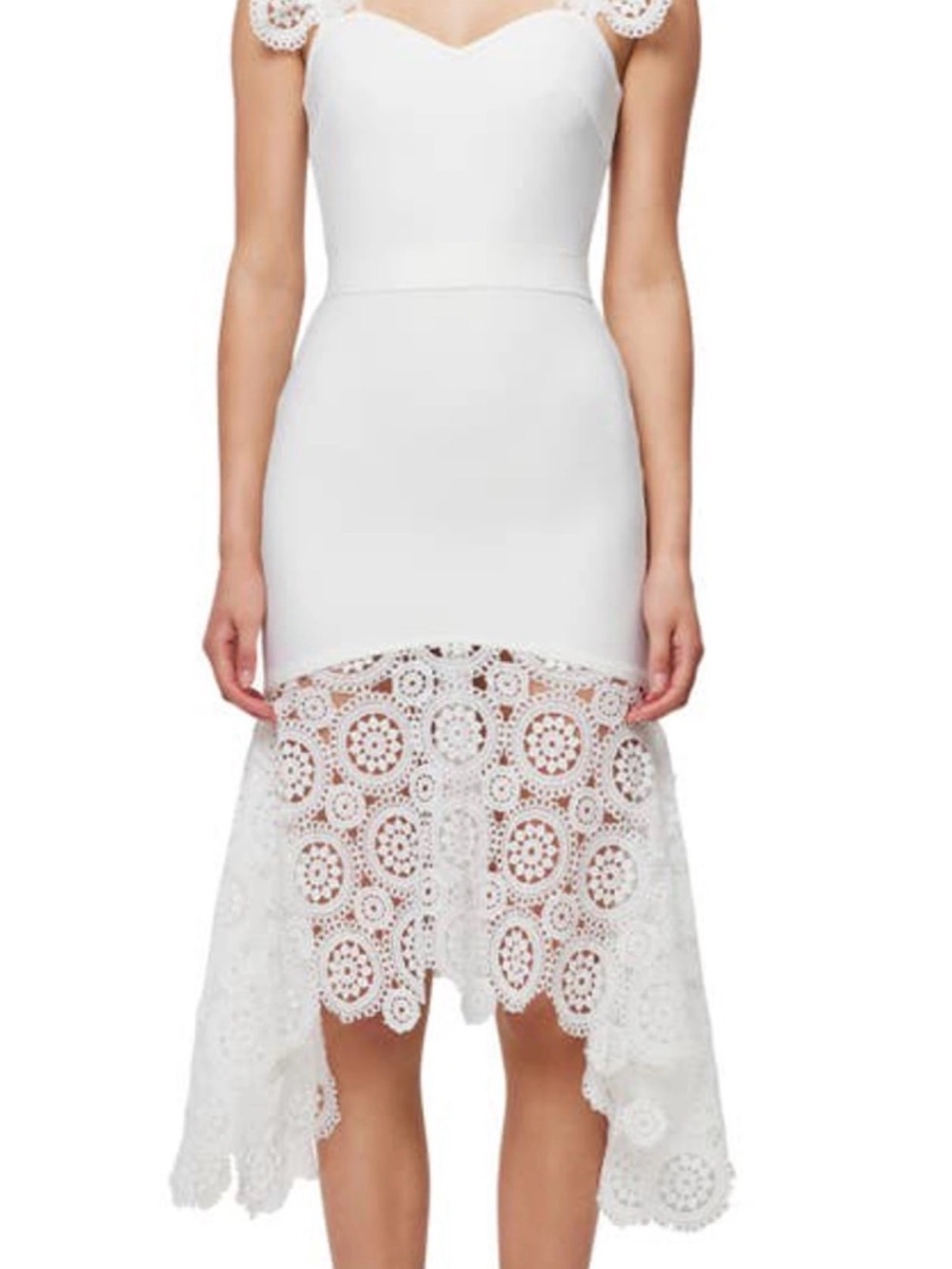 White Lace High-Low Sheath Dress with Crochet Hem